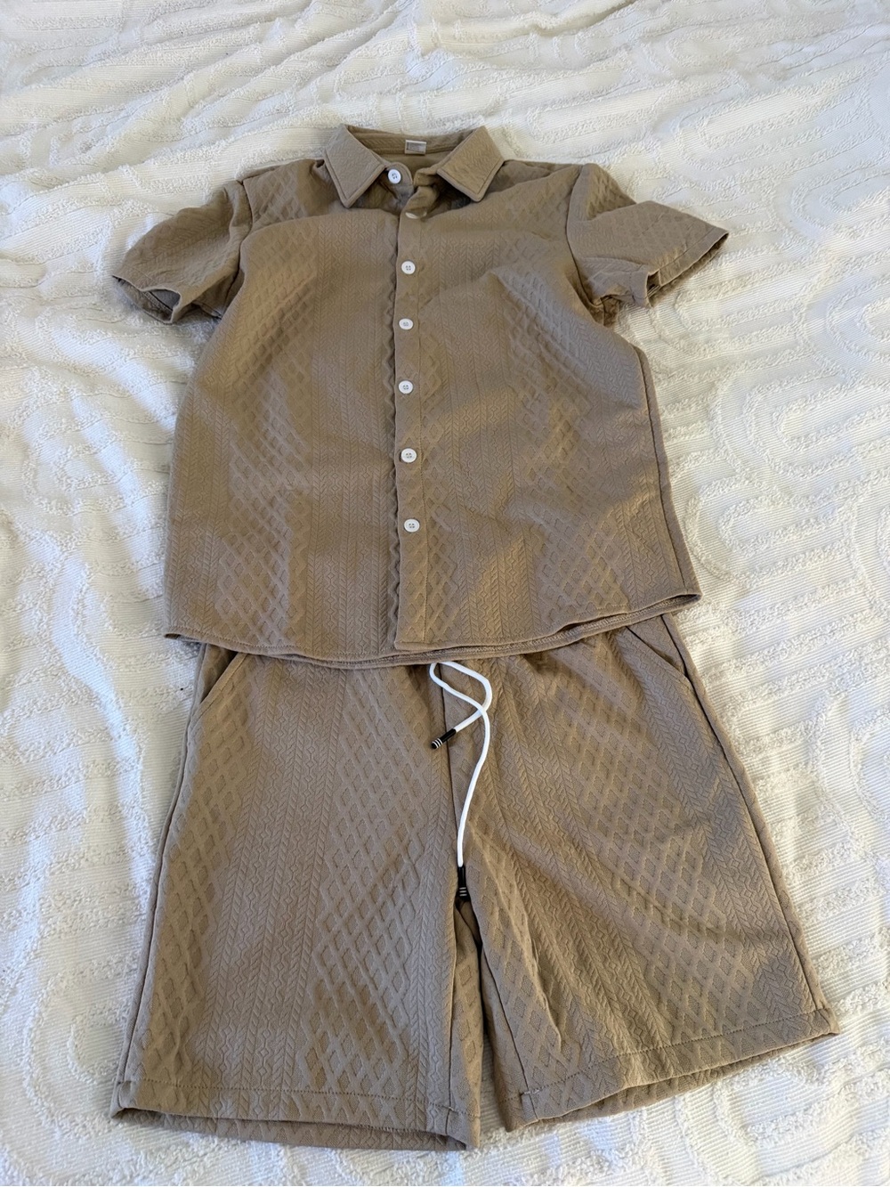 Textured Taupe Short Set - Button Shirt & Drawstring Shorts